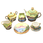 HANDPAINTED MINIATURE TEA SET W/ HIGH LAND SCENES W/ 24 KARAT GOLD TRIM